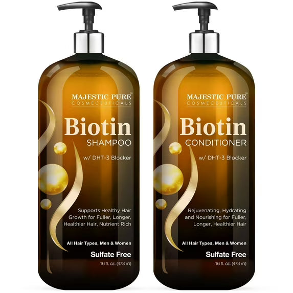 Majestic Pure Biotin Shampoo & Conditioner Set – 16 fl oz | Sulfate-Free, DHT Blocker, نمو الشعر & تغذية